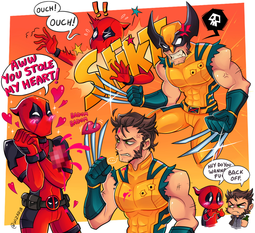 2boys, absurdres, anger_vein, angry, belt, bodysuit, brown_hair, claw_(weapon)