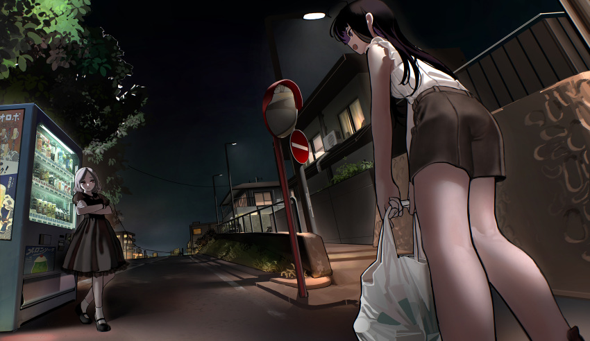 1girl, 2girls, absurdres, ahoge, awa_subaru, bag, black_dress, black_hair