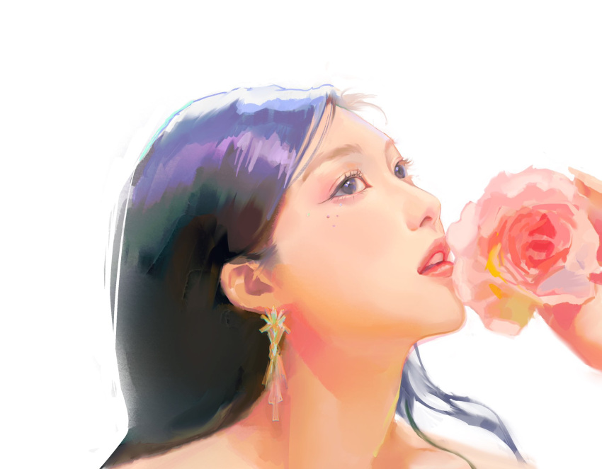 1girl, black_hair, dorcas1004, earrings, eyeshadow, flower, hashtag-only_commentary, highres