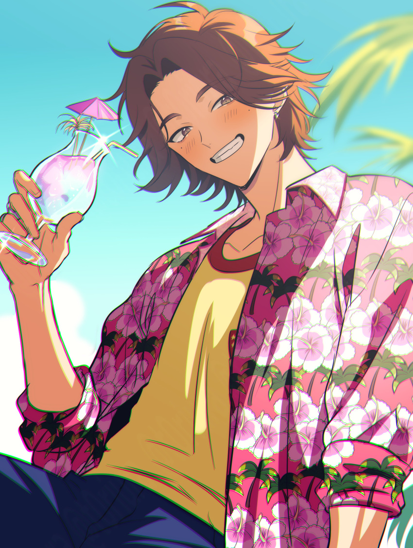 1boy, absurdres, arm_up, blue_pants, blue_sky, blush, brown_eyes, brown_hair