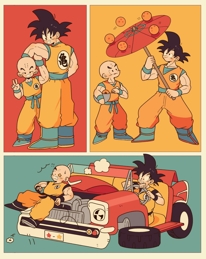 2boys, bald, black_hair, blue_background, blue_sash, car, commentary_request, dragon_ball, dragon_ball_(object), driving, full_body, highres, holding, holding_umbrella, jumpsuit, kuririn, male_focus, motor_vehicle, multiple_boys, orange_background, orange_jumpsuit, ozi_nizi, red_background, sash, short_hair, simple_background, smile, son_goku, spiky_hair, steering_wheel, umbrella, wristband