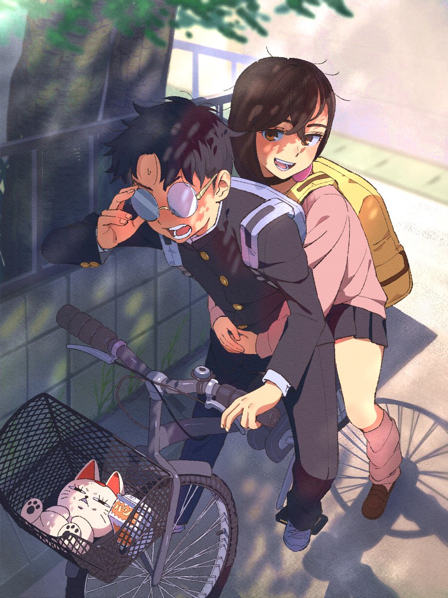 1boy, 1girl, adjusting_eyewear, arms_around_waist, ayase_momo, backpack, bag, bicycle