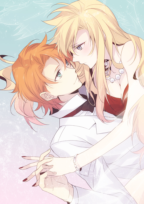 1girl, alternate_hairstyle, bad_id, brief_(character), brief_(psg), couple, eye_contact, formal