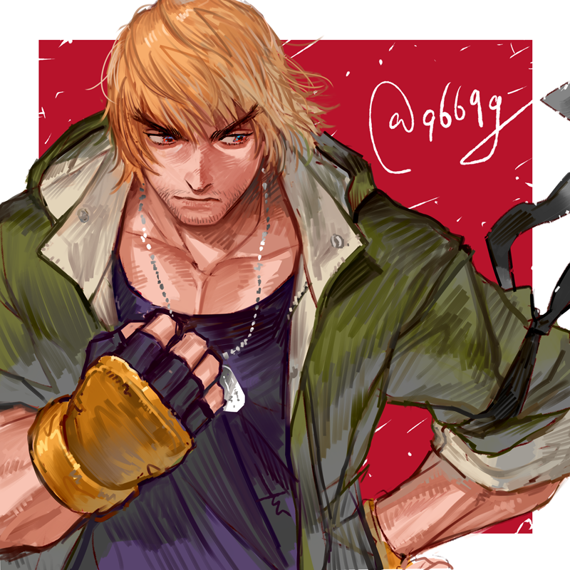1boy, arm_up, black_shirt, blonde_hair, border, brown_eyes, clenched_hand, closed_mouth, coat, collarbone, commentary_request, fingerless_gloves, gloves, green_coat, hand_on_own_hip, ken_masters, kurononekojyo, lapels, looking_to_the_side, male_focus, mma_gloves, multicolored_clothes, multicolored_gloves, open_clothes, open_coat, outside_border, scoop_neck, shirt, short_hair, sideways_glance, sleeves_rolled_up, solo, street_fighter, street_fighter_6, swept_bangs, thick_eyebrows, twitter_username, upper_body, white_border