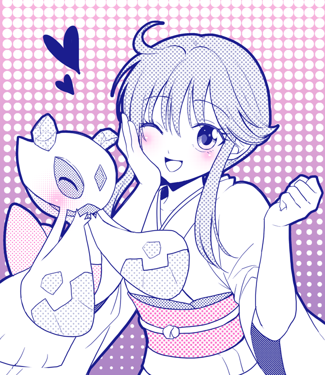 1girl, blush, froslass, gradient_background, greyscale, hand_on_own_cheek, hand_on_own_face, happy