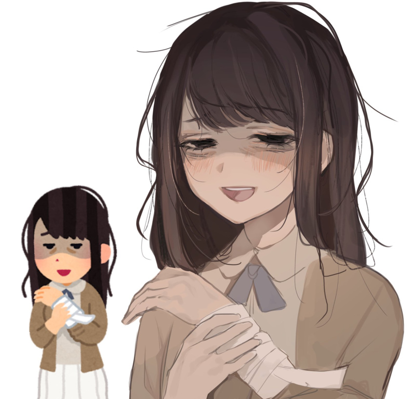 1girl, bags_under_eyes, bandaged_arm, bandages, black_eyes, black_hair, blunt_bangs, brown_jacket, brown_shirt, cowboy_shot, exhausted, half-closed_eyes, hand_on_own_arm, highres, implied_injury, irasutoya_challenge, jacket, long_hair, messy_hair, namaeomoituknn, open_mouth, original, pleated_skirt, reference_photo, shirt, sidelocks, simple_background, skirt, smile, solo, swept_bangs, white_background, white_skirt