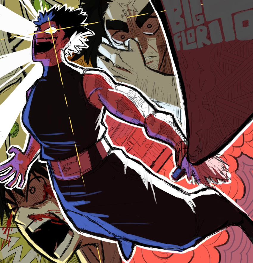 1girl, 2boys, arm_hair, artist_name, beard_stubble, belt, bigflorito, black_hair