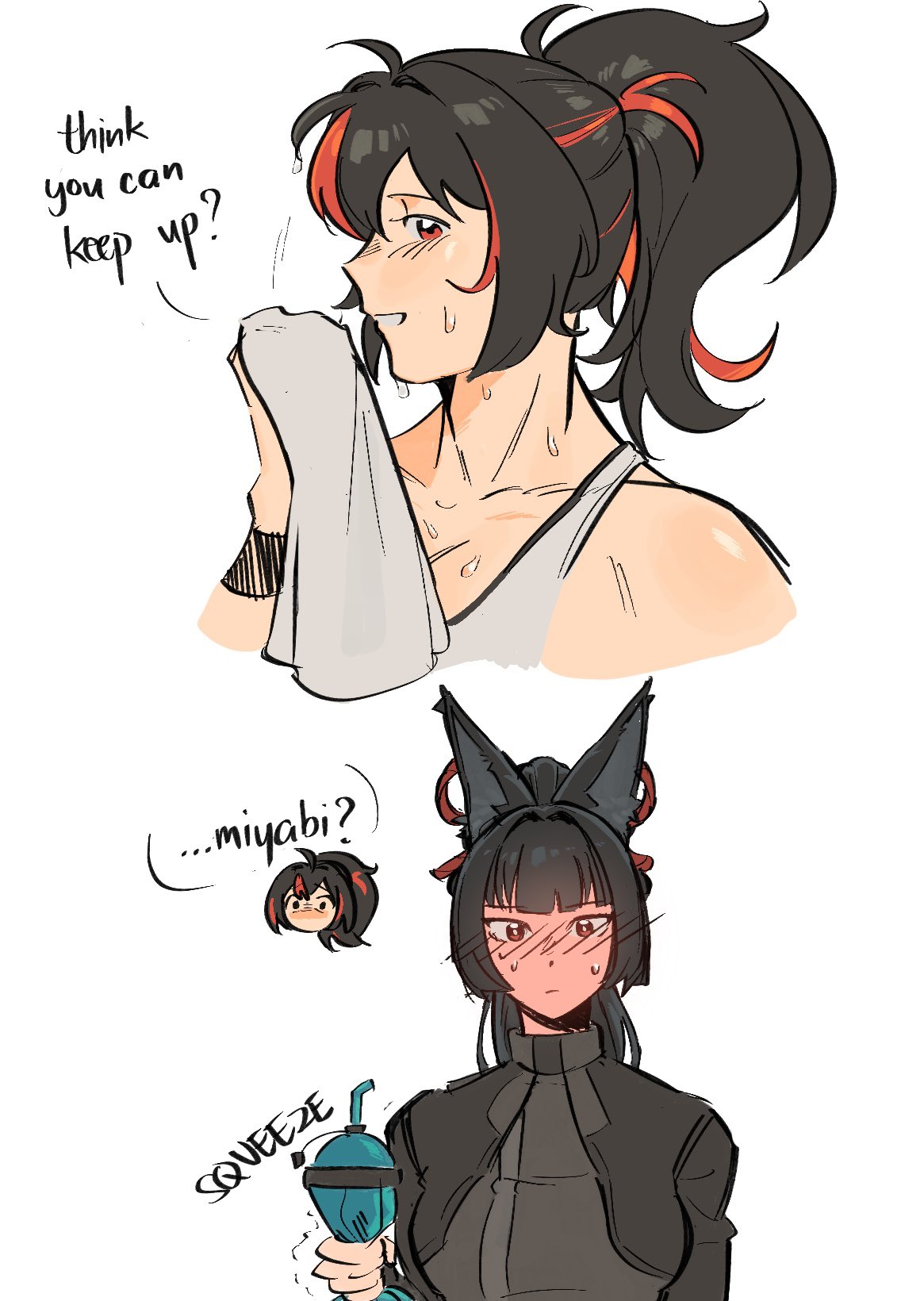 2girls, animal_ears, black_hair, blunt_bangs, blush, eimikosmoothie, english_text, fox_ears