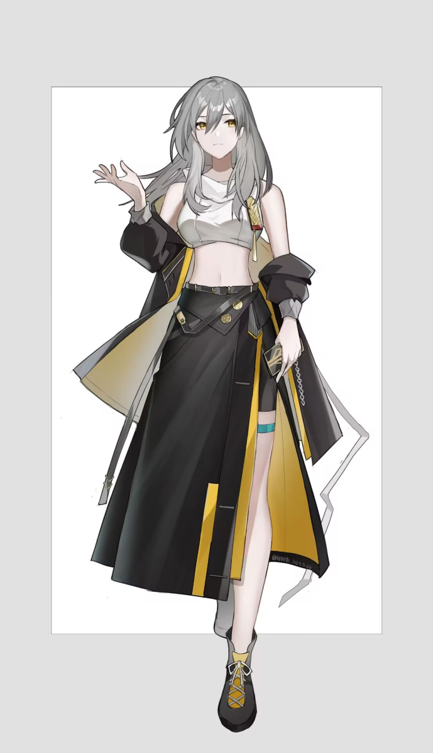1girl, baiyuyi, bare_shoulders, belt, black_belt, black_footwear, black_jacket, black_skirt