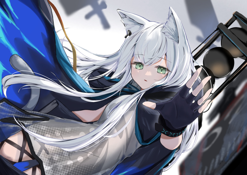 1girl, absurdres, animal_ear_piercing, animal_ears, arknights, black_cape, black_gloves, cape