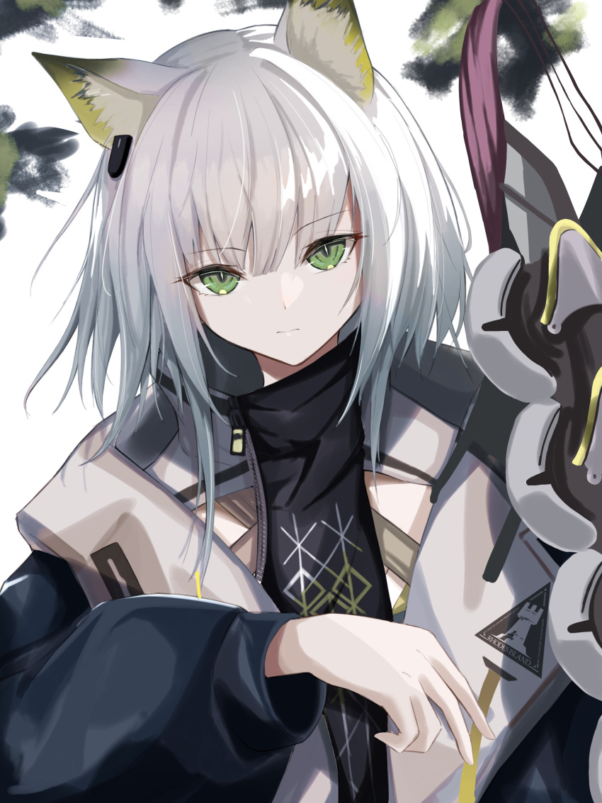 1girl, absurdres, animal_ear_fluff, animal_ears, arknights, black_jacket, closed_mouth, commentary
