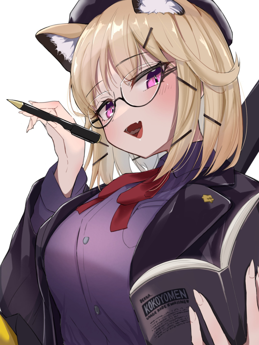 1girl, animal_ear_fluff, animal_ears, arknights, arm_up, black_hat, black_jacket, blazer