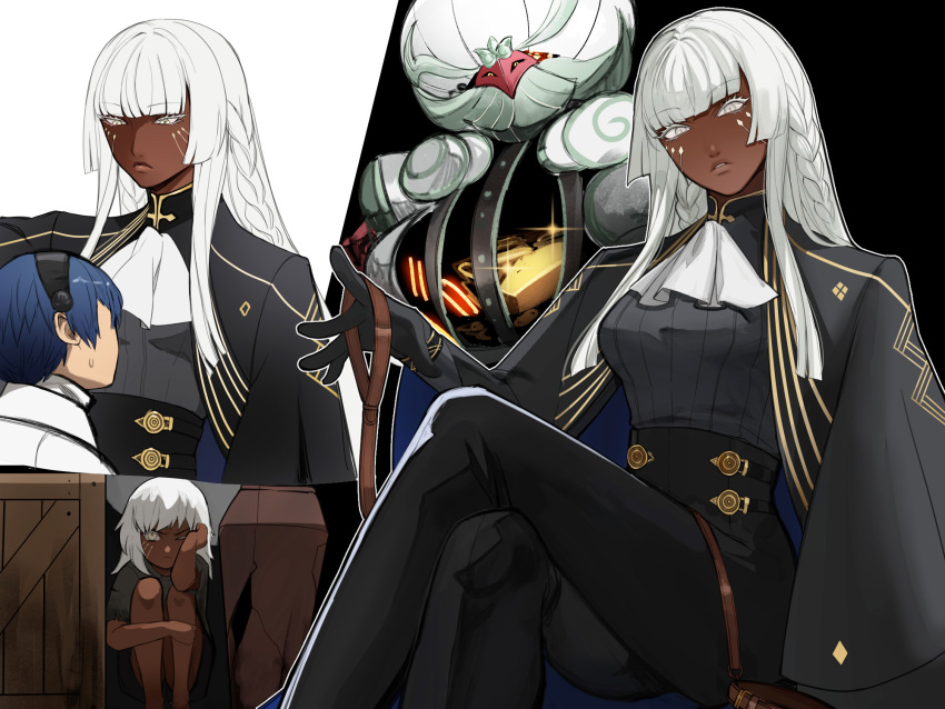 1boy, 1girl, aged_down, ascot, black_pants, blue_hair, brigitta_(metaphor:_refantazio), colored_eyelashes, crossed_legs, dark-skinned_female, dark_skin, facial_mark, frown, grey_shirt, highres, hime_cut, kyou_(iuciferic), long_hair, looking_at_another, looking_at_viewer, metaphor:_refantazio, multiple_views, no_eyes, no_mouth, pants, parted_lips, protagonist_(metaphor:_refantazio), shirt, short_hair, sidelocks, sweatdrop, white_ascot, white_hair