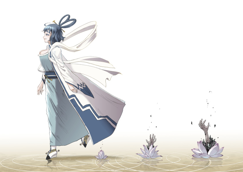 alternate_costume, blue_dress, blue_hair, chinese_clothes, dress, flower, hagoromo, hair_ornament, hair_rings, hair_stick, hat_ornament, kaku_seiga, looking_forward, lotus, miyako_yoshika, open_clothes, open_vest, ripples, shawl, sukkiri_place, ten_desires, touhou, vest, walking, white_shawl