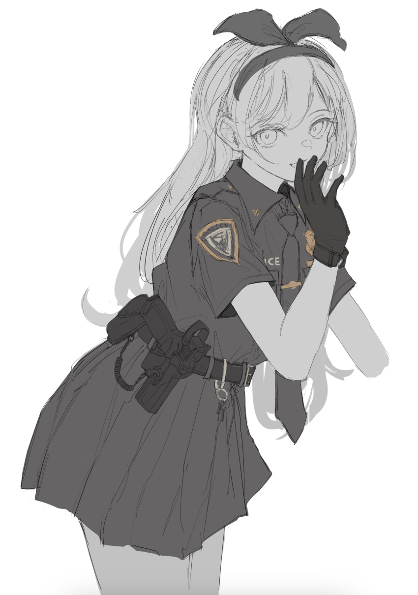 1girl, absurdres, belt, belt_pouch, black_gloves, black_hairband, black_necktie, black_shirt