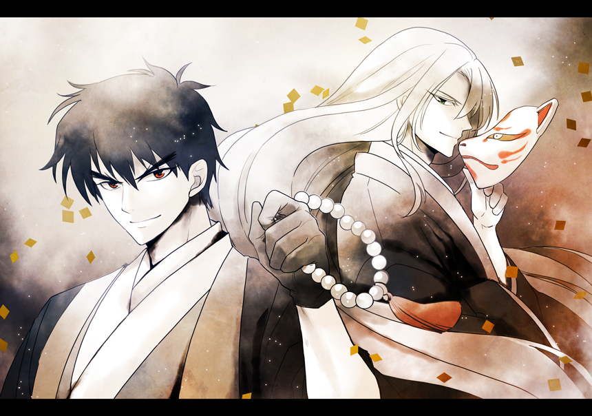 2boys, beads, closed_mouth, confetti, fox_mask, holding, holding_mask, japanese_clothes
