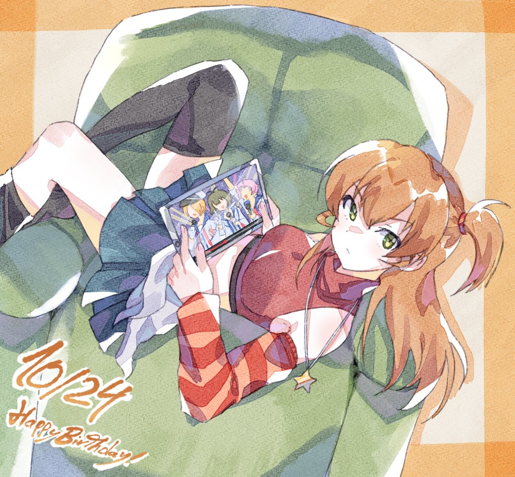 1girl, 3boys, ahoge, akizuki_ryo, antenna_hair, arm_up, asymmetrical_legwear, bare_shoulders