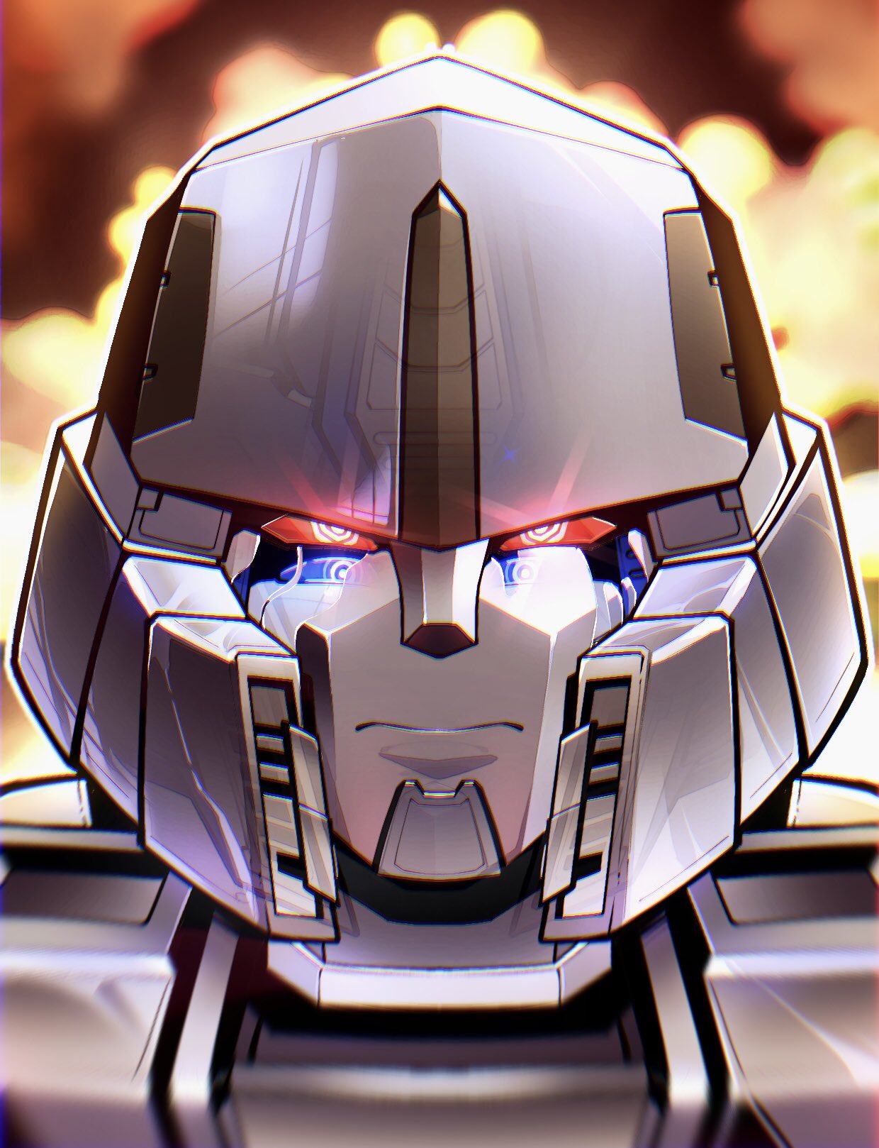 2boys, alphaiswaifu, compaculaaa, decepticon, fire, glowing, glowing_eyes, highres