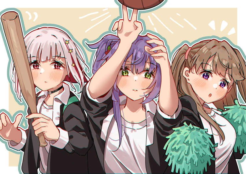 3girls, :o, absurdres, ball, baseball_bat, basketball_(object), black_choker, black_jacket