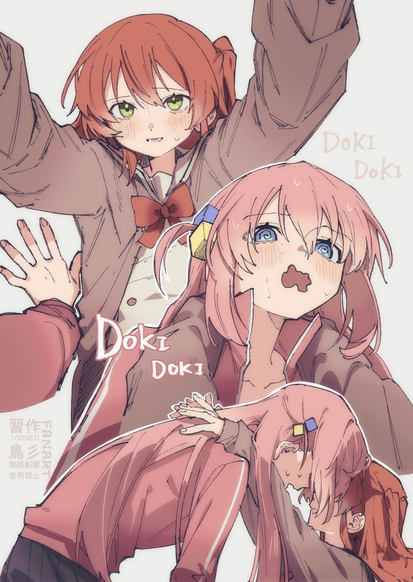 100387l, 2girls, @_@, arms_around_neck, black_skirt, blue_eyes, blush, bocchi_the_rock!
