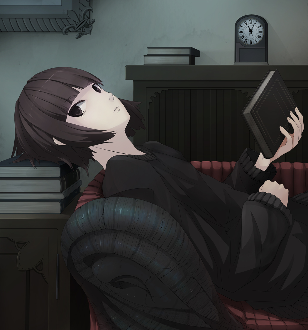 brown_eyes, brown_hair, clock, couch, el-f, lying, original, solo