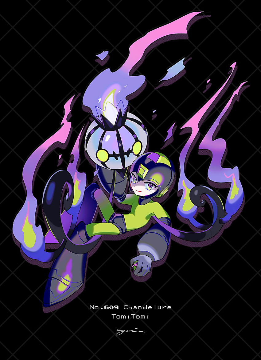1boy, absurdres, argyle_background, arm_cannon, black_background, black_helmet, bodysuit, chandelure, character_name, closed_mouth, crossover, dusk_ball, fire, floating, full_body, gradient_fire, helmet, highres, holding, holding_poke_ball, looking_at_viewer, male_focus, mega_man_(character), mega_man_(classic), mega_man_(series), pink_fire, poke_ball, pokedex_number, pokemon, pokemon_(creature), smile, weapon, yasaikakiage, yellow_bodysuit, yellow_eyes