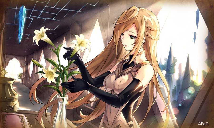 1girl, bare_shoulders, black_gloves, blonde_hair, braid, closed_mouth, commentary, copyright_notice, day, elbow_gloves, floating_hair, flower, gloves, green_eyes, holding, holding_flower, julia_(ta_ga_tame_no_alchemist), lily_(flower), long_hair, official_art, second-party_source, smile, solo, ta_ga_tame_no_alchemist, vase, white_flower