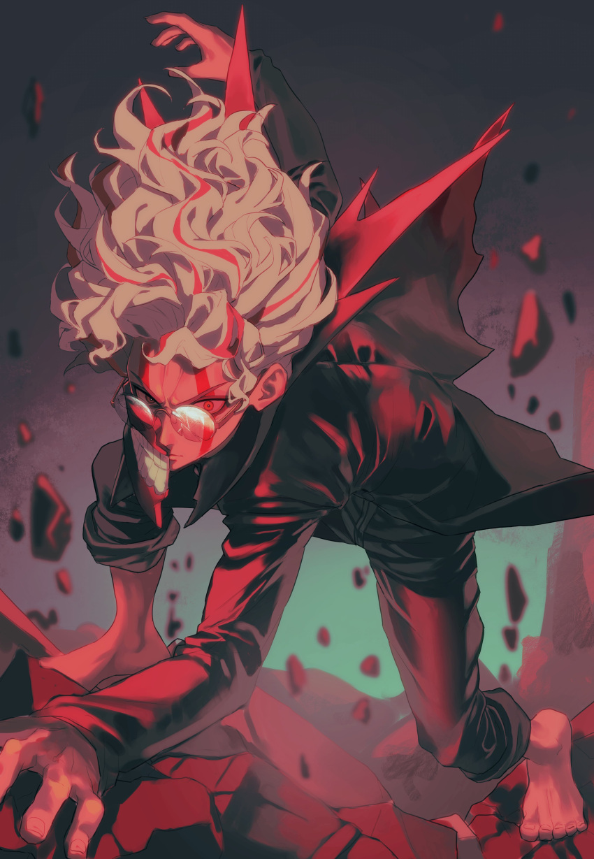 1boy, 333takoyaki, absurdres, alternate_form, arm_support, arm_up, barefoot, black_jacket, black_pants, closed_mouth, commentary_request, dandadan, debris, facial_mark, floating_rock, full_body, gakuran, glasses, highres, jacket, looking_at_viewer, male_focus, mask, mouth_mask, pants, pants_rolled_up, popped_collar, red_eyes, rock, round_eyewear, school_uniform, serious, solo, takakura_ken_(dandadan), torn_clothes, transformation, unworn_mask, v-shaped_eyebrows, white_hair