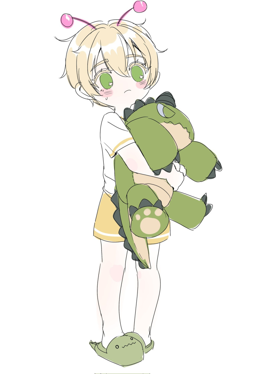 1girl, aged_down, alien, antennae, bamora_(dandadan), blonde_hair, blush_stickers, child, closed_mouth, commentary, dandadan, full_body, green_eyes, green_footwear, hair_between_eyes, highres, holding, holding_stuffed_toy, hugging_doll, hugging_object, shirt, short_hair, short_sleeves, shorts, slippers, solo, standing, stuffed_toy, sweatdrop, tiemoww, white_background, white_shirt, yellow_shorts