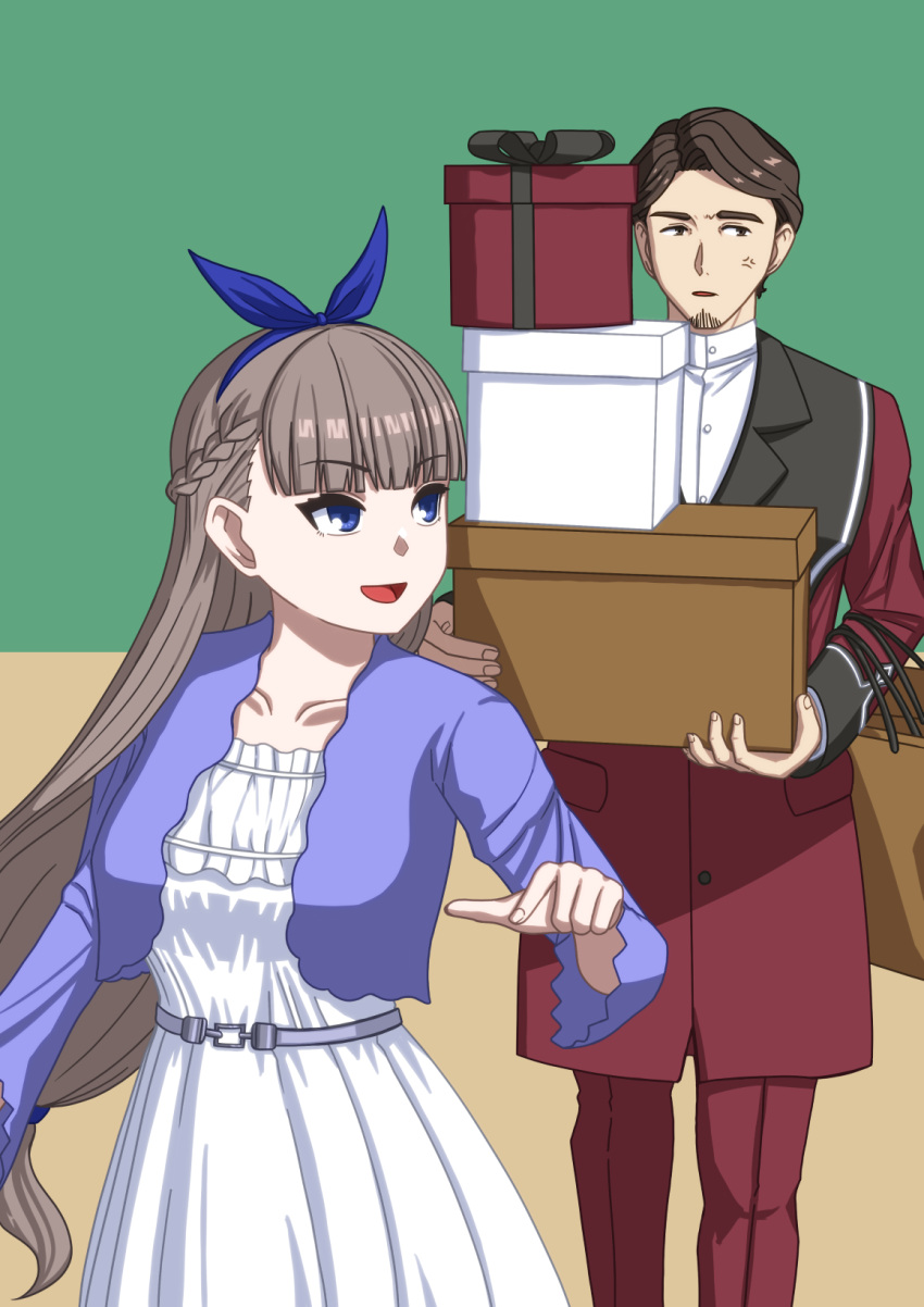 1boy, 1girl, age_difference, anger_vein, bandana, beard, blue_bandana, blue_eyes, bow, box, braid, brown_eyes, brown_hair, collarbone, dress, dress_shirt, facial_hair, fingernails, formal_clothes, gift, grey_hair, hair_bow, highres, holding, jacket, lawine_(sousou_no_frieren), long_hair, long_sleeves, makotsuka, official_alternate_costume, open_mouth, pointing, red_jacket, richter_(sousou_no_frieren), shirt, shopping, smile, sousou_no_frieren, suit, white_dress