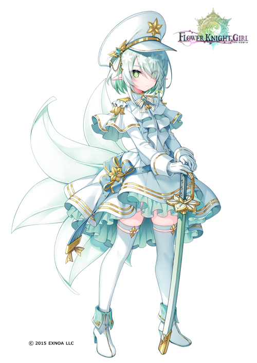 1girl, boots, capelet, closed_mouth, commentary_request, copyright_name, eyes_visible_through_hair, flower-shaped_pupils