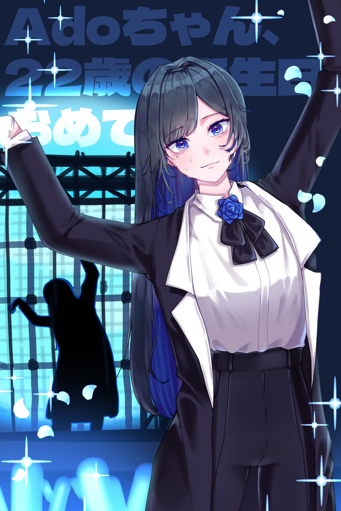 1girl, ado_(utaite), ado_box, anon_(an_one_12), arms_up, belt, black_belt, black_bow