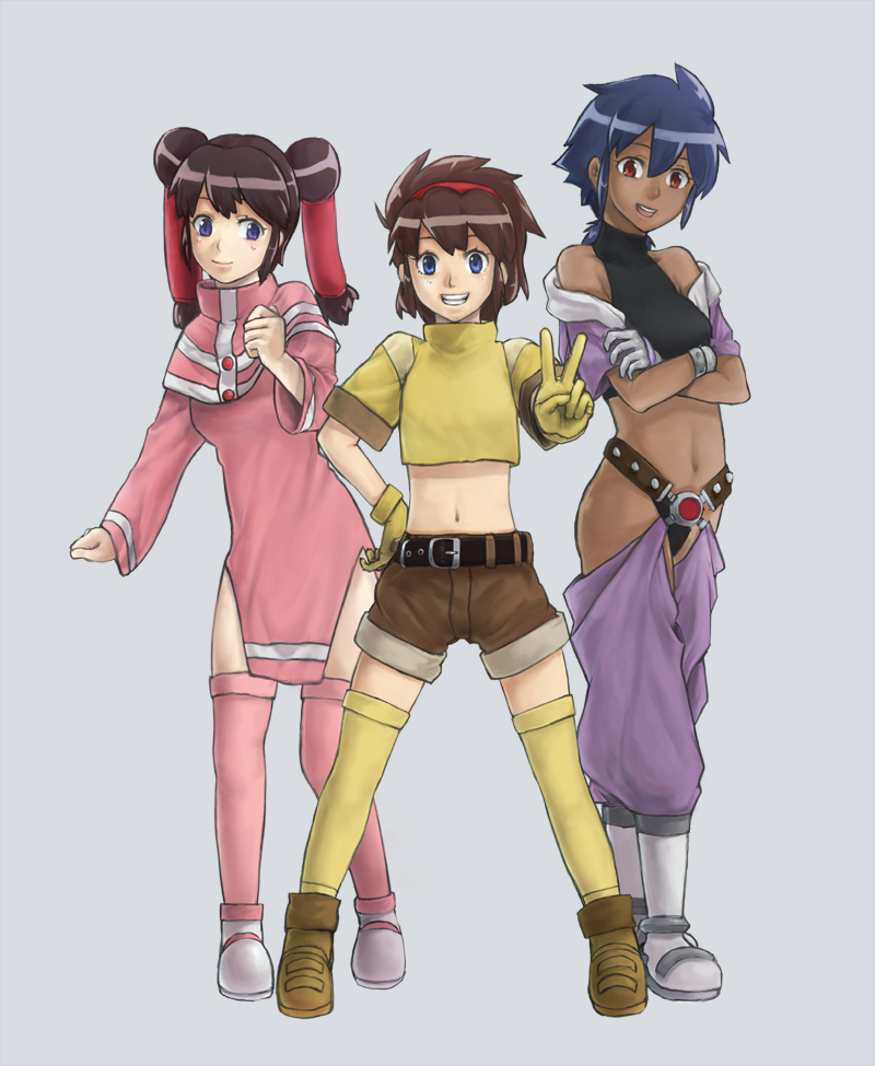 3girls, bloodberry_(saber_r), blue_eyes, blue_hair, brown_hair, capelet, cherry_(saber_r), cropped_shirt