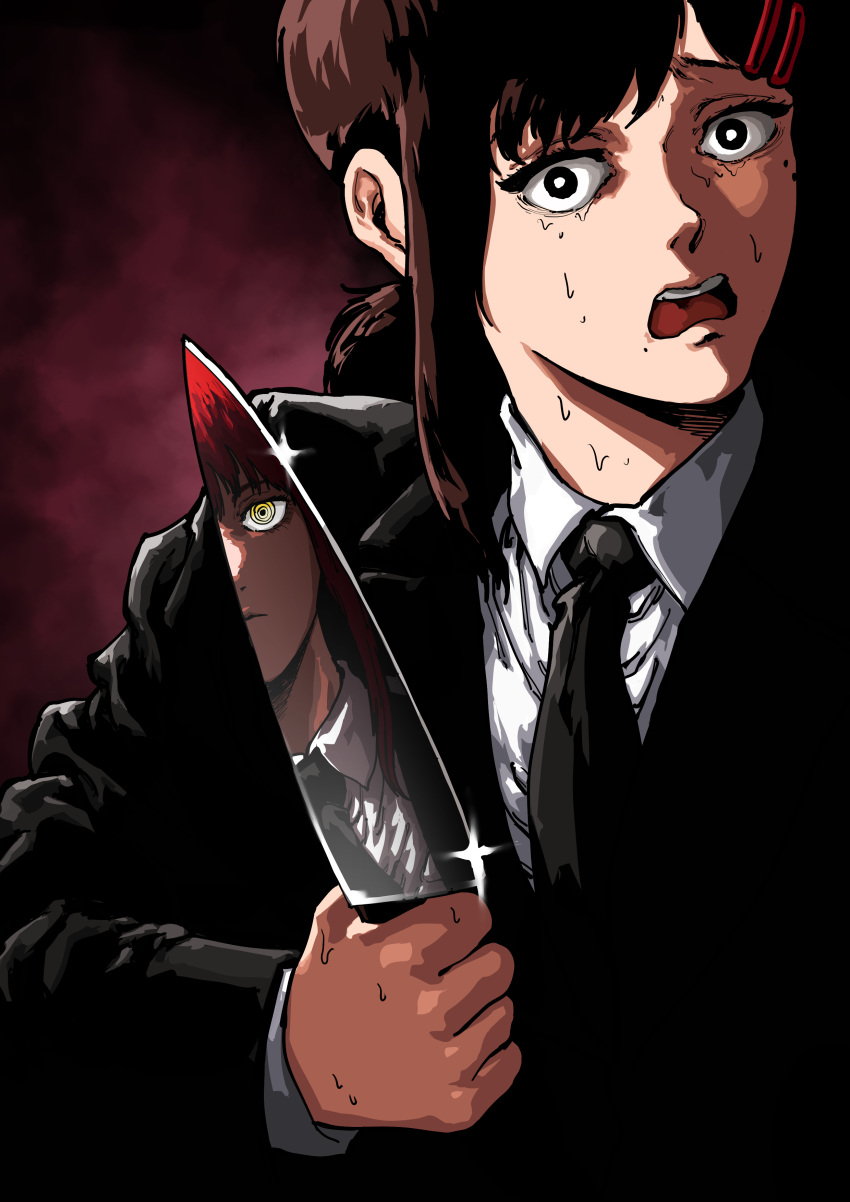 2girls, absurdres, american_psycho, black_eyes, black_jacket, black_necktie, brown_hair, chainsaw_man