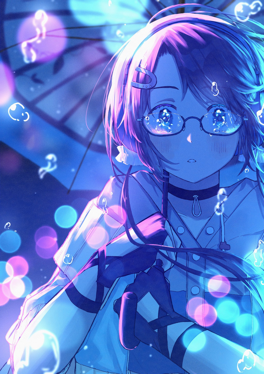 1girl, 965ma_mogumogu, asymmetrical_hair, blue_background, blue_theme, buttons, choker, commentary, fingerless_gloves, glasses, gloves, hair_ornament, hairclip, highres, holding, holding_umbrella, idolmaster, idolmaster_shiny_colors, jacket, mitsumine_yuika, official_alternate_costume, official_alternate_hairstyle, open_mouth, print_umbrella, solo, umbrella, water_drop