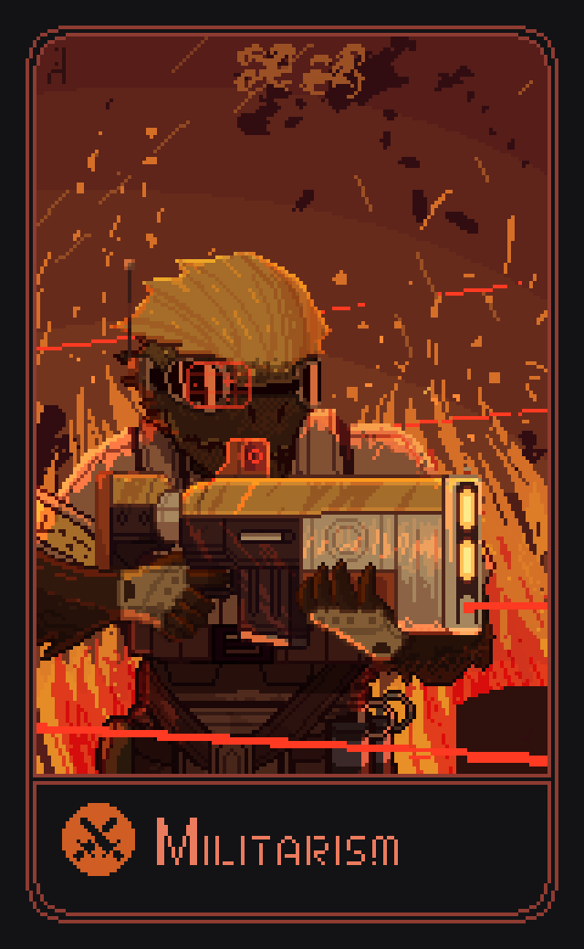 1boy, alien, armor, crossed_swords, earpiece, english_text, explosive, fingerless_gloves, fire, gloves, grenade, gun, kepchuk, laser_sight, male_focus, pixel_art, reptile_boy, rifle, scouter, smoke, soldier, solo, spacecraft, stellaris_(game), sword, war, weapon