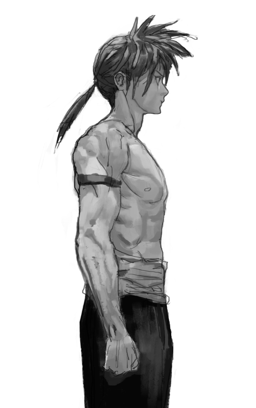 1boy, abs, absurdres, af_cf, armband, clenched_hand, closed_mouth, highres, looking_ahead, male_focus, nipples, one-punch_man, pants, pectorals, ponytail, profile, simple_background, solo, spiky_hair, suiryuu_(one-punch_man), topless_male, white_background