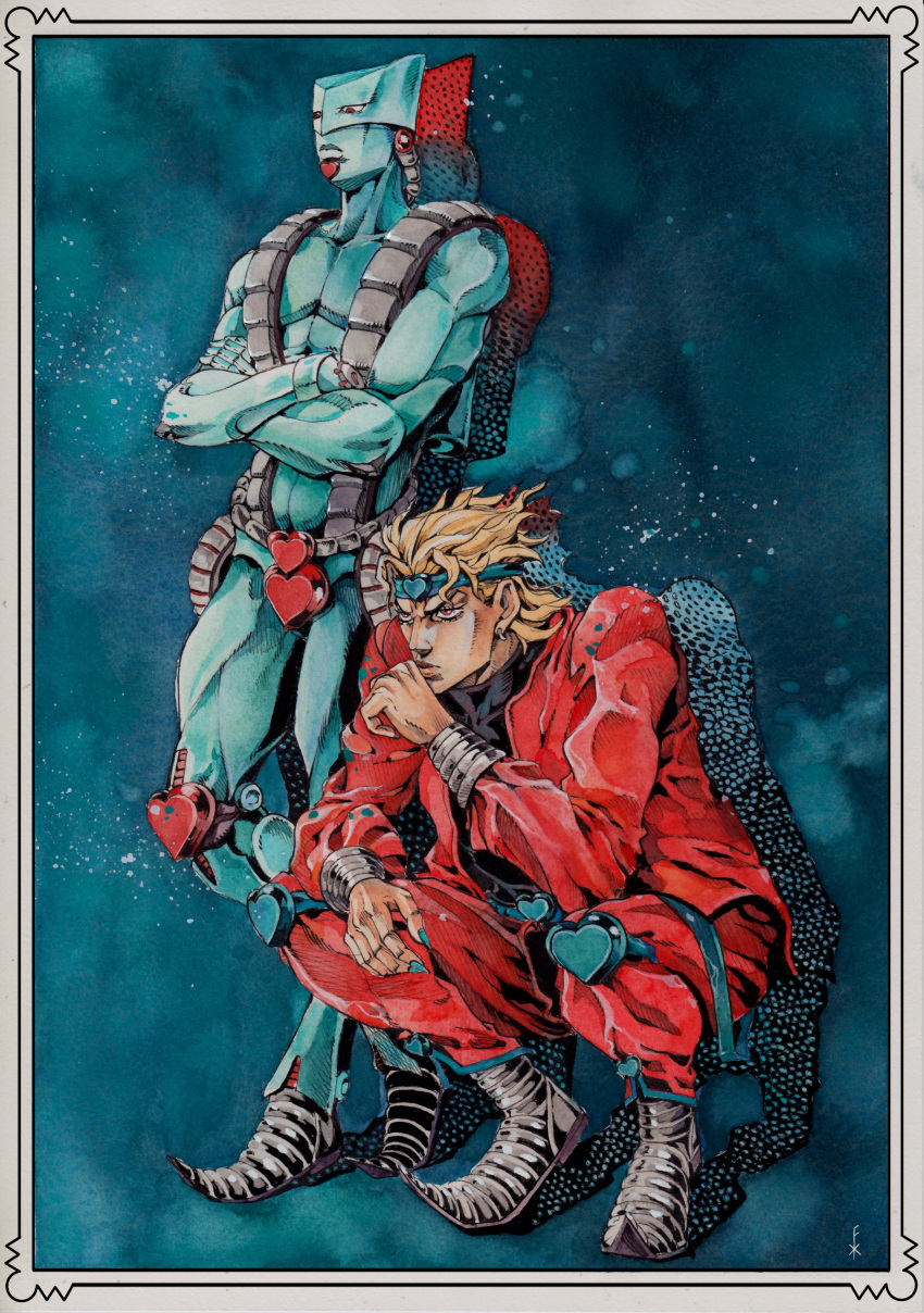 2boys, absurdres, aqua_nails, black_footwear, blonde_hair, dio_brando, earrings, fingernails, heart, heart_belt_buckle, heart_kneepads, highres, jacket, jewelry, jojo_no_kimyou_na_bouken, multiple_boys, painting_(medium), pants, red_eyes, red_jacket, red_pants, sharp_fingernails, short_hair, stand_(jojo), stardust_crusaders, the_world, traditional_media, watercolor_(medium), xfkart