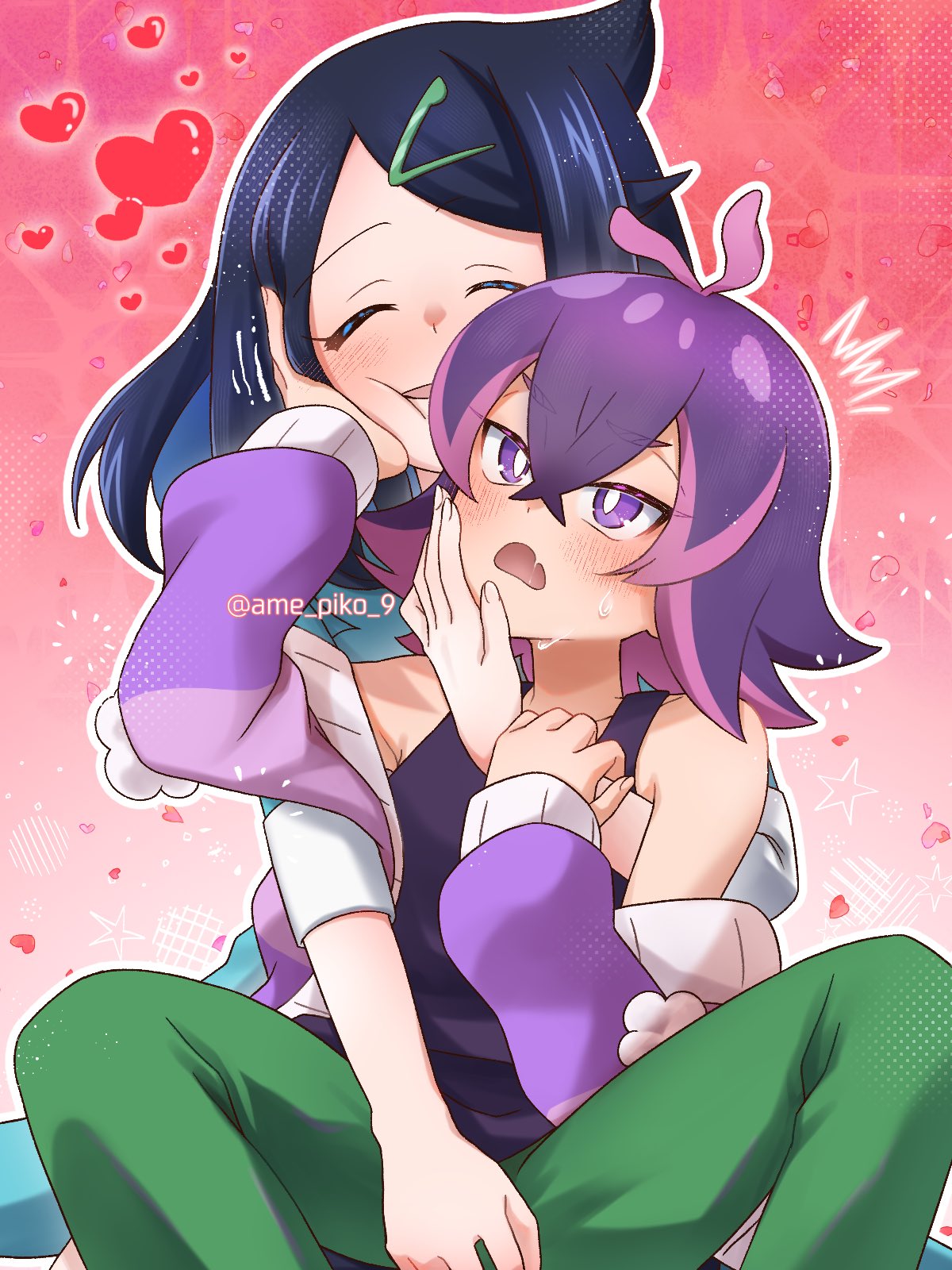2girls, amedamaneko, black_hair, black_shorts, blue_hair, blush, cardigan, colored_inner_hair