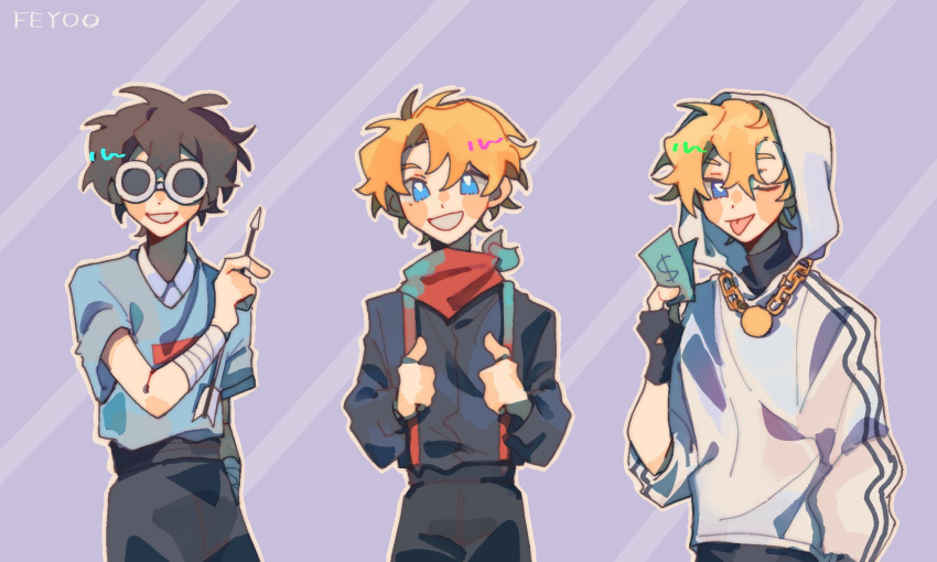 3boys, alternate_costume, arrow_(projectile), blonde_hair, blue_eyes, brown_hair, chain, dream_smp