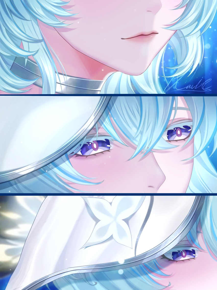 1girl, blue_hair, close-up, closed_mouth, colored_eyelashes, column_lineup, commentary, english_commentary