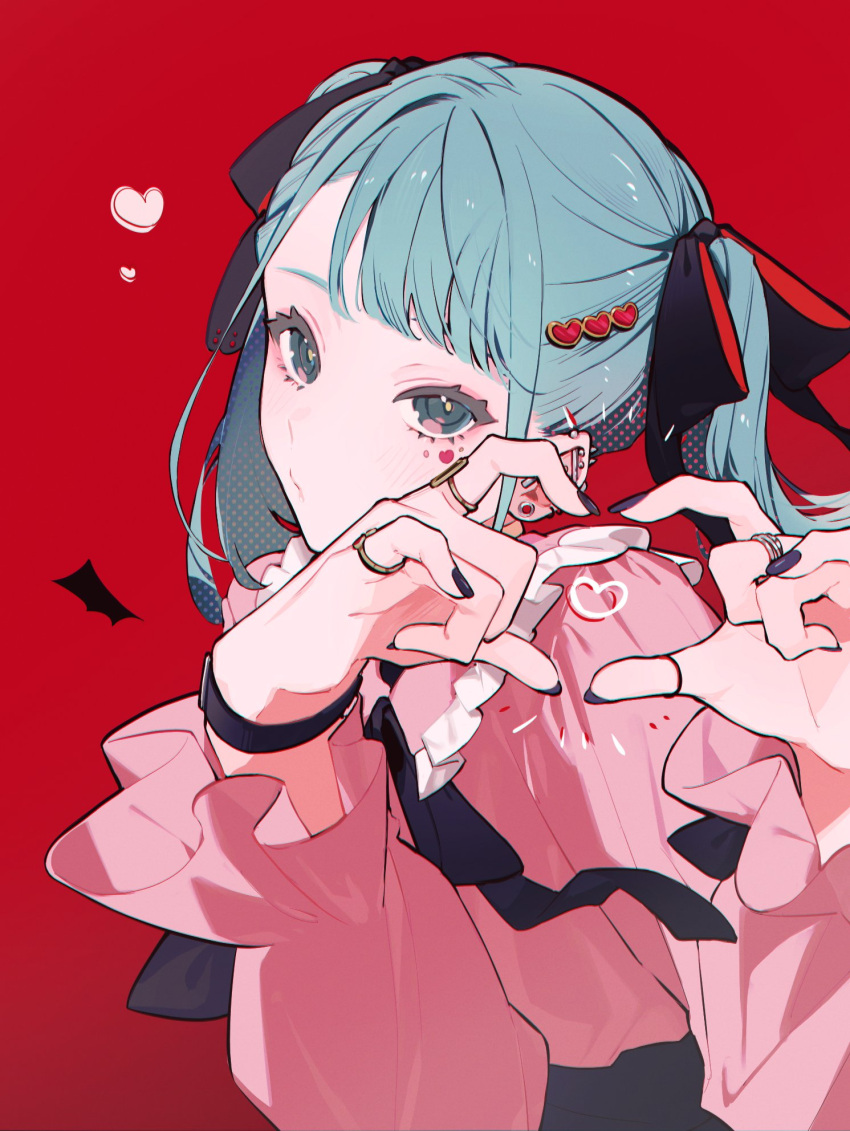 1girl, aqua_eyes, aqua_hair, black_gloves, bow, bowtie, closed_mouth, comugikun, frilled_shirt_collar, frills, gloves, hair_bow, hair_ornament, hands_up, hatsune_miku, heart, heart_hair_ornament, heart_hands, highres, jewelry, light_blush, long_sleeves, looking_at_viewer, medium_hair, multiple_rings, pink_shirt, puckered_lips, red_background, ring, shirt, simple_background, solo, sticker_on_face, twintails, upper_body, vampire_(vocaloid), vocaloid, watch, watch