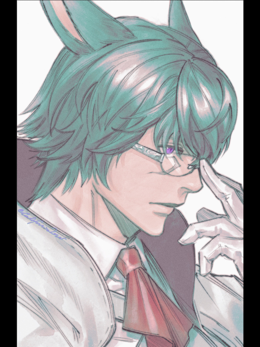 1boy, absurdres, adjusting_eyewear, animal_ears, ascot, caloserrr, cat_ears, closed_mouth