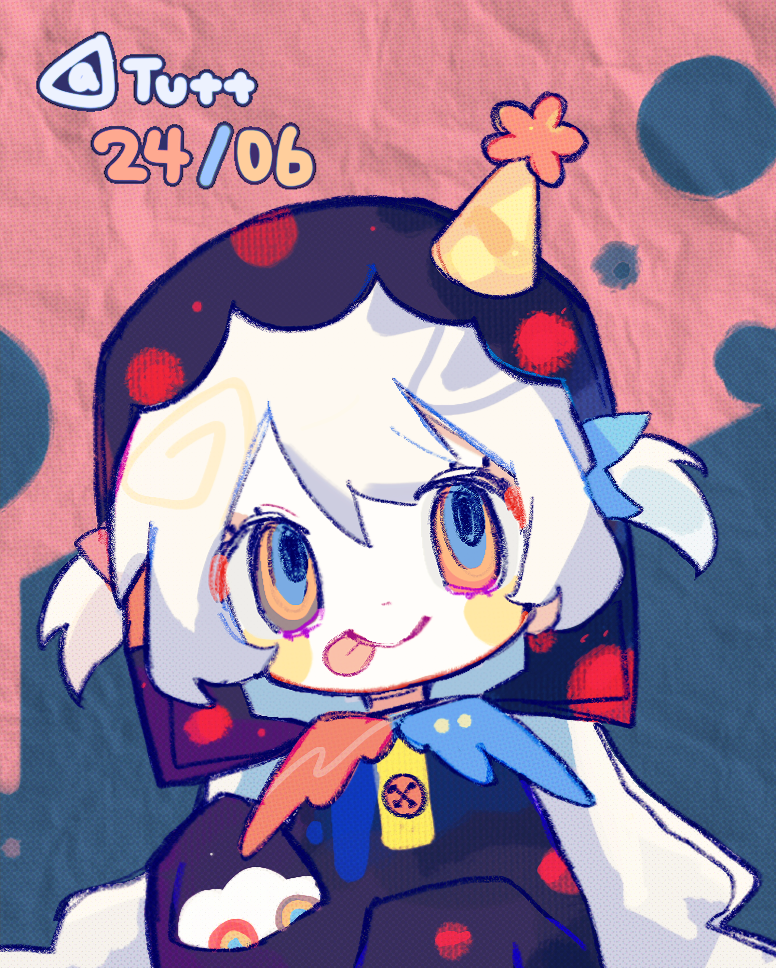 1girl, :p, artist_name, black_hoodie, blue_background, blue_bow, blue_eyes, blush_stickers