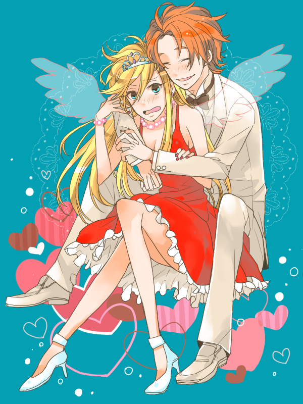 1girl, alternate_hairstyle, angel_wings, bare_shoulders, blonde_hair, blue_eyes, blush, bracelet