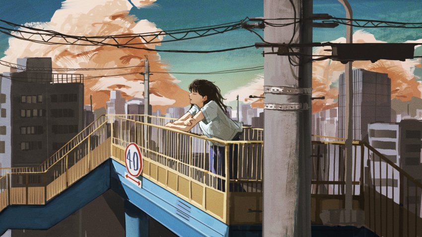 1girl, armald0, black_hair, blue_pants, bridge, cityscape, closed_eyes, clouds, commentary_request, cumulonimbus_cloud, highres, long_hair, open_mouth, original, pants, pedestrian_bridge, power_lines, shirt, short_sleeves, skyline, solo, utility_pole, white_shirt