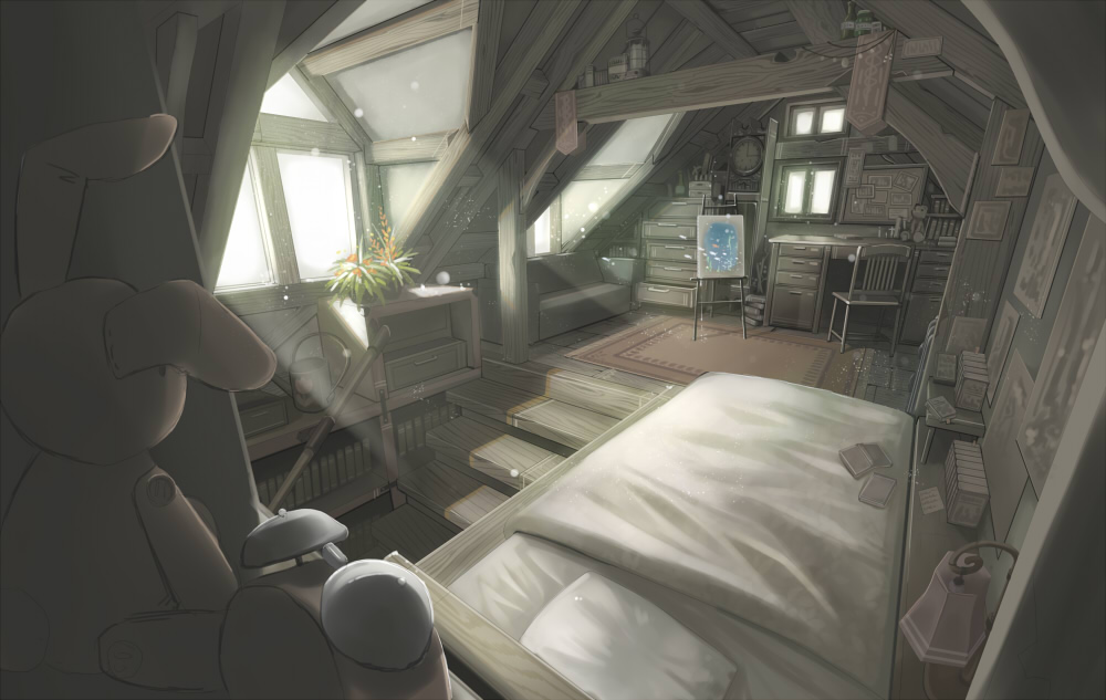 background, bed, bedroom, doll, indoors, nabana, original, painting
