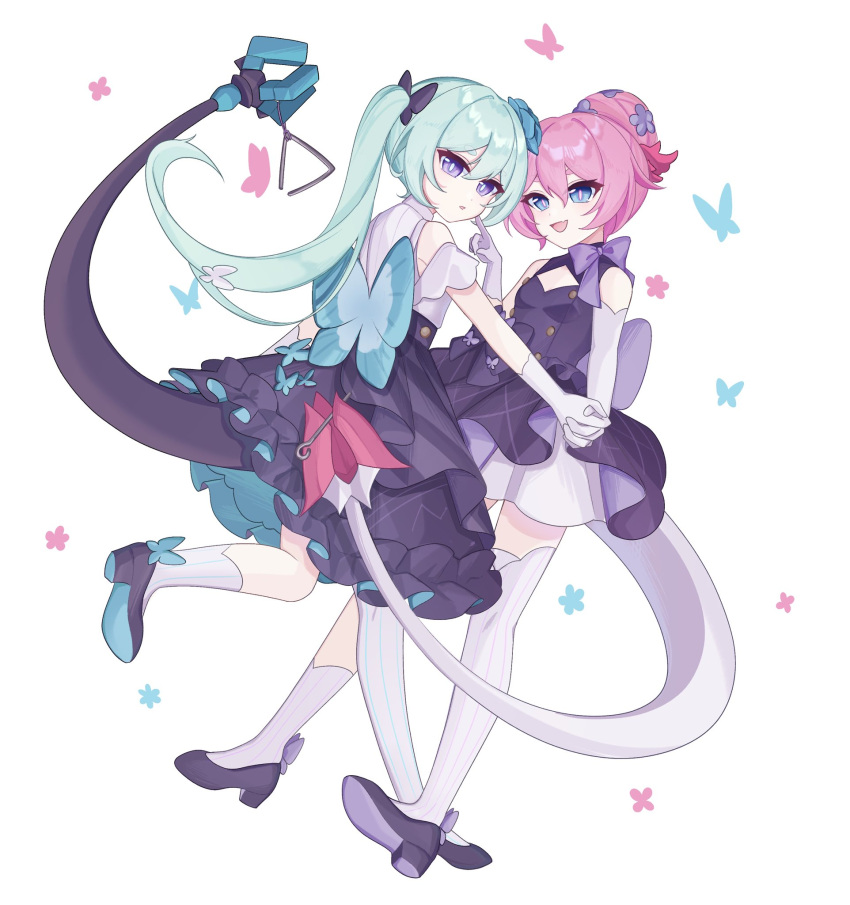 2girls, aqua_hair, asymmetrical_legwear, black_bow, black_dress, black_footwear, black_skirt, blue_butterfly