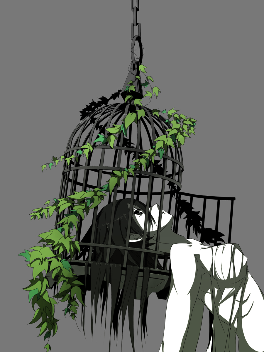 bandage, black_hair, cage, el-f, grey_eyes, highres, original, plant