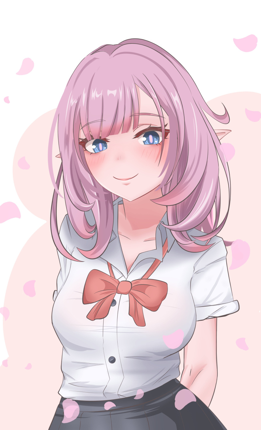 1girl, absurdres, alternate_costume, black_skirt, blue_eyes, bow, bowtie, breasts, collarbone, commentary_request, elf, elysia_(honkai_impact), erasumo3821, falling_petals, highres, honkai_(series), honkai_impact_3rd, large_breasts, looking_at_viewer, petals, pink_hair, pointy_ears, red_bow, red_bowtie, shirt, skirt, smile, two-tone_background, upper_body, white_shirt